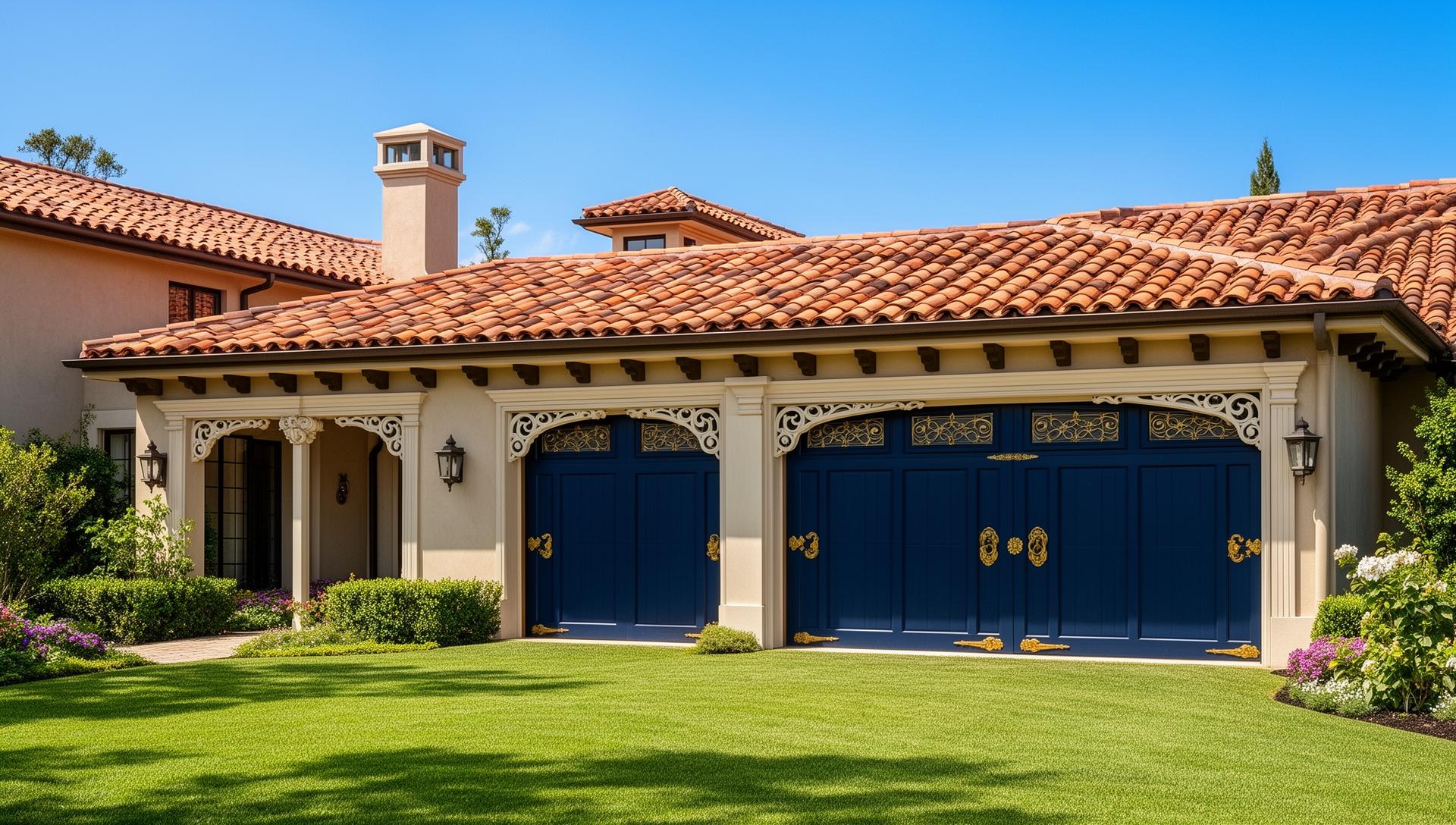 Luxury Mediterranean villa with beautiful Victorian style garage doors in navy blue with gold accents